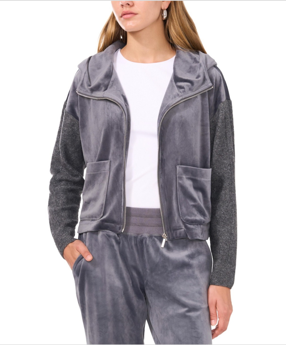 Vince Camuto Women Mixed Media Zip Front Cropped Hoodie Luxe Grey Size XL